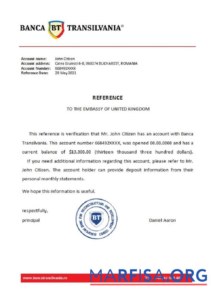 Blank Romania Banca Transilvania reference sample